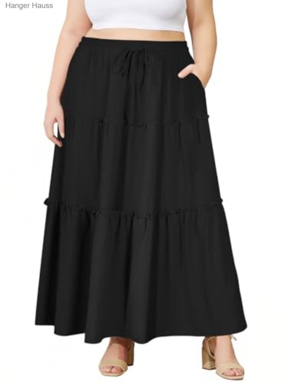 Plus Size Tiered Maxi Skirt A-Line Flowy Boho Beach Skirt with Pockets
